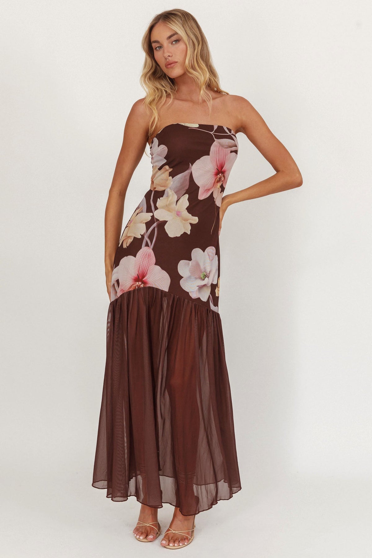 Wilma Sheer Hem Strapless Midi Dress Orchids Brown Main image