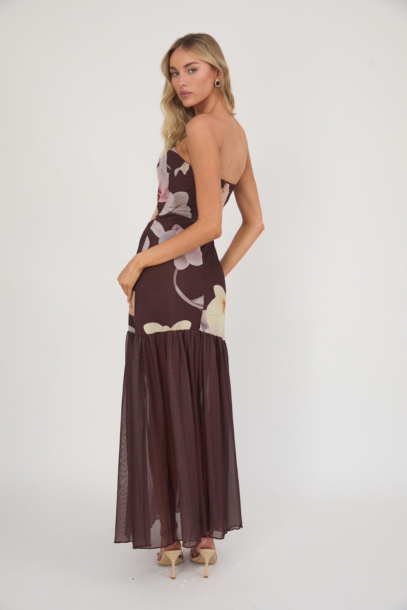 Wilma Sheer Hem Strapless Midi Dress Orchids Brown Secondary image