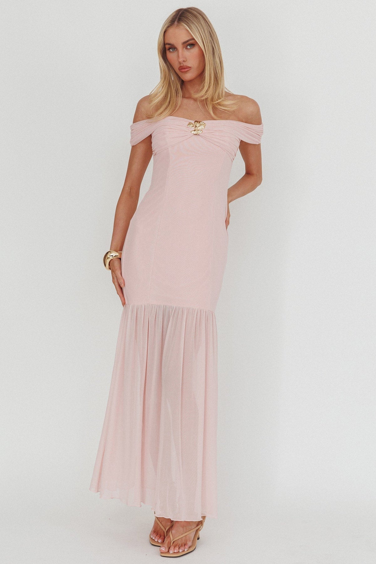 Wilma Off-Shoulder Sheer Hem Maxi Dress Pink Main image
