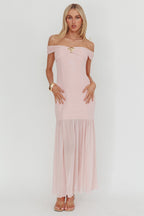 Wilma Off-Shoulder Sheer Hem Maxi Dress Pink