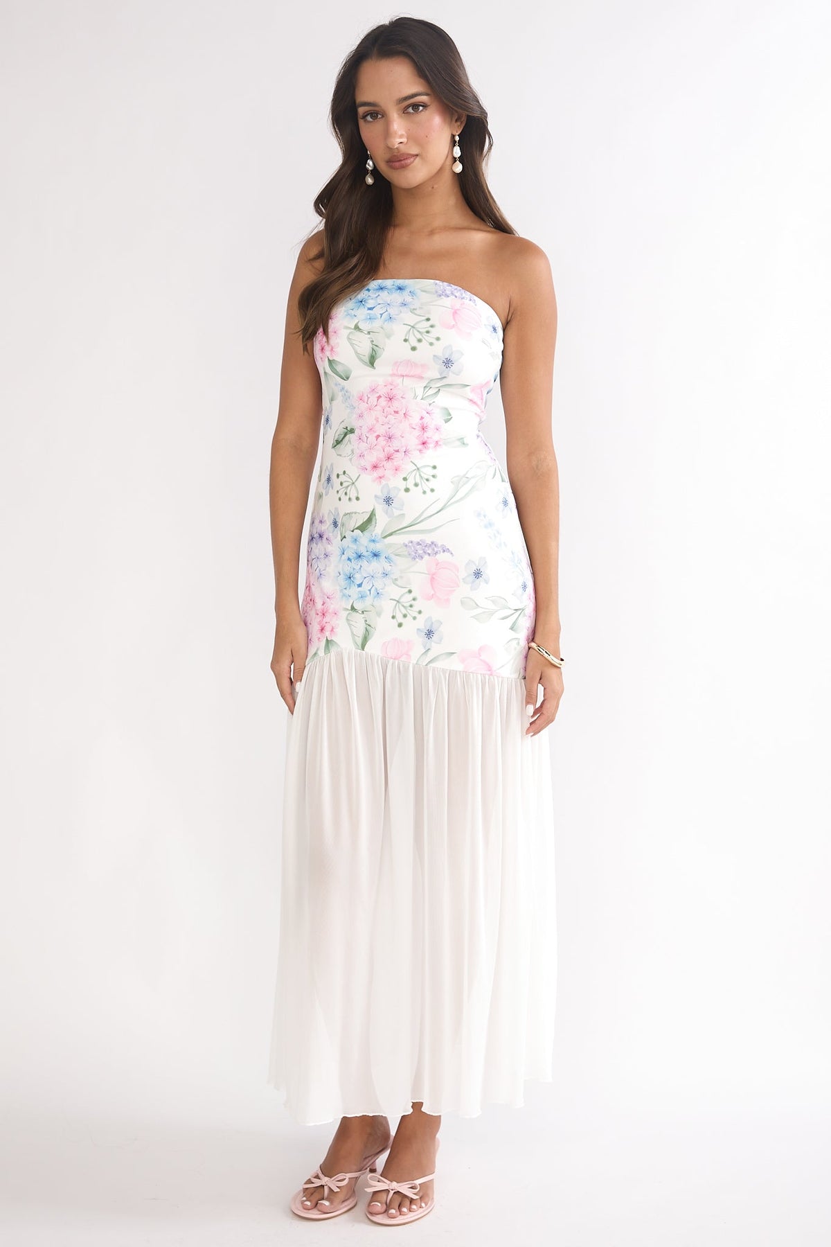 Wilma Sheer Hem Strapless Maxi Dress Flowers Blue Main image