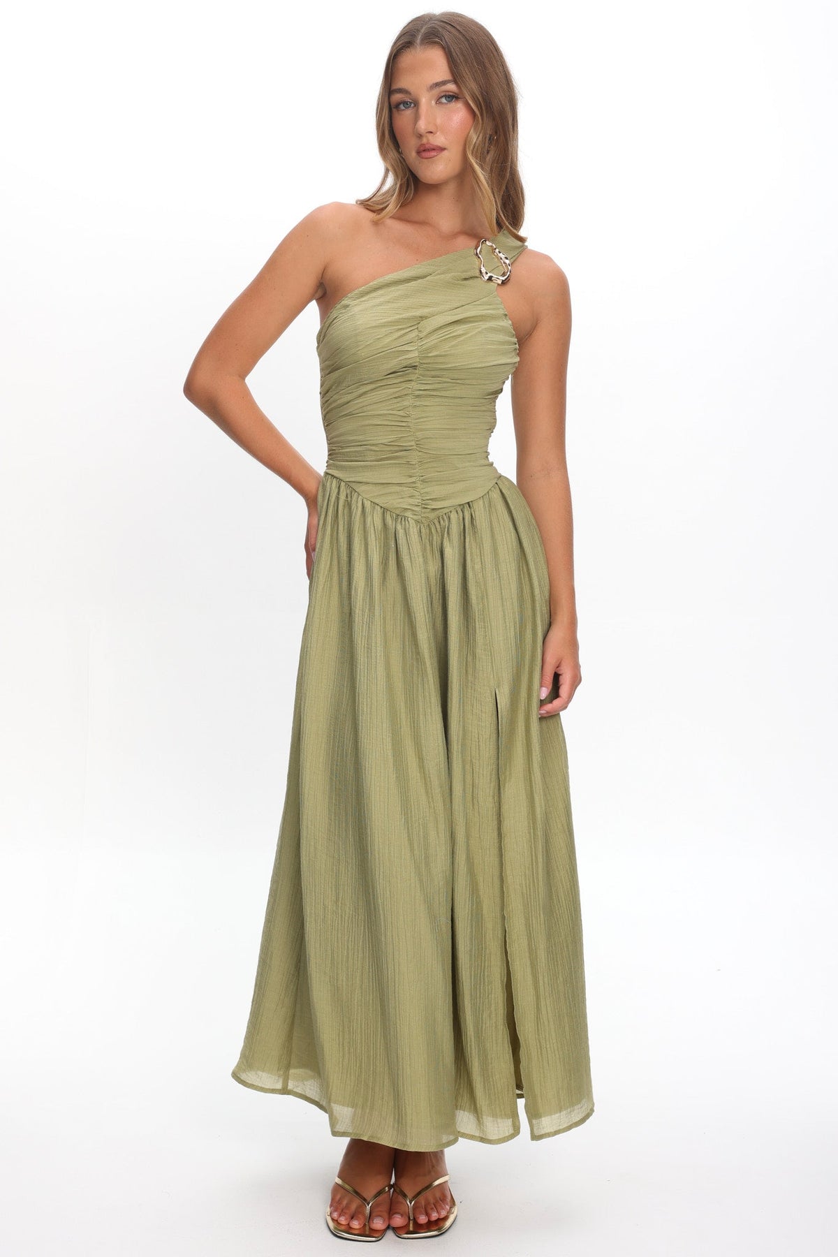 Andrina One-Shoulder Ruched Maxi Dress Olive Main image
