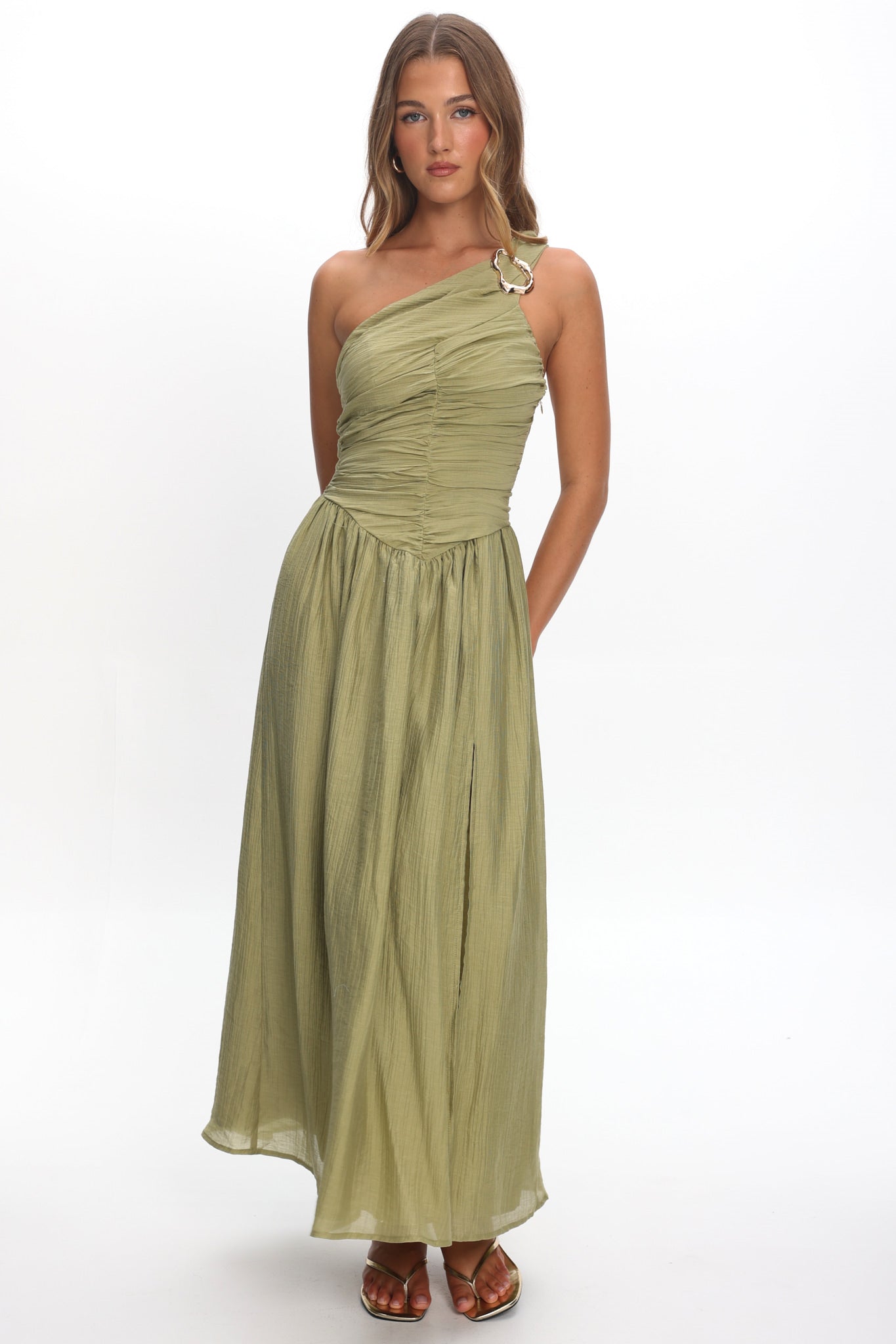 Andrina One-Shoulder Ruched Maxi Dress Olive Secondary image