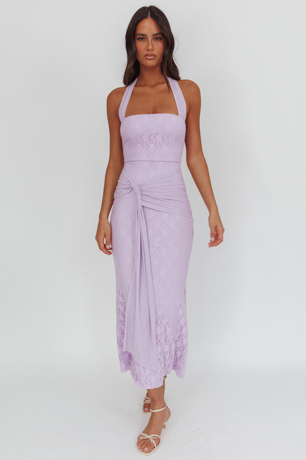 Luli Waist Sash Halter Maxi Dress Lace Lilac