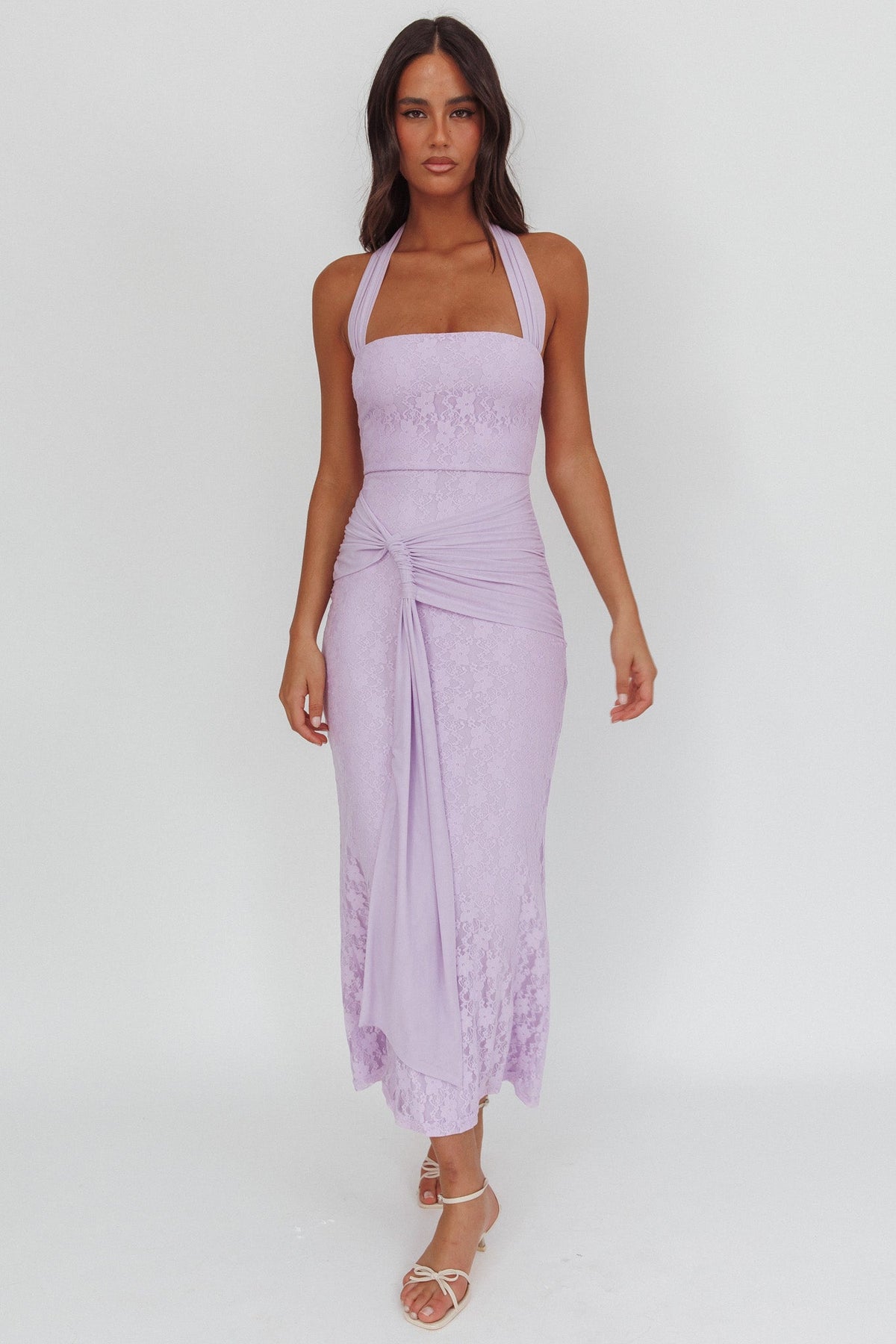 Luli Waist Sash Halter Maxi Dress Lace Lilac