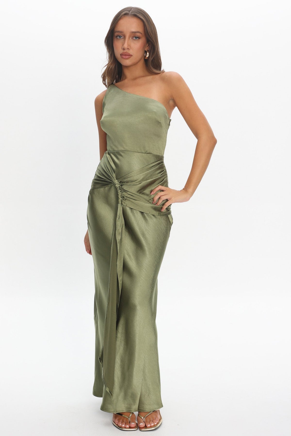 Luli One-Shoulder Waist Sash Maxi Dress Olive Main image