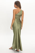 Luli One-Shoulder Waist Sash Maxi Dress Olive