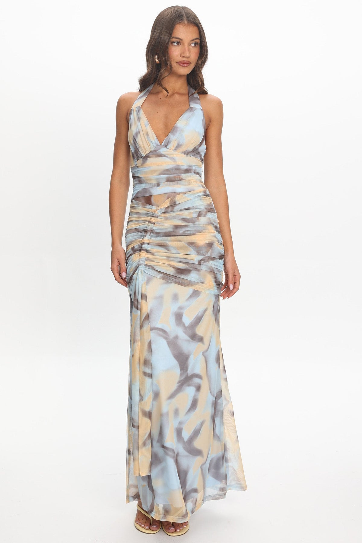 Luli Ruched Halterneck Maxi Dress Abstract Light Blue Main image