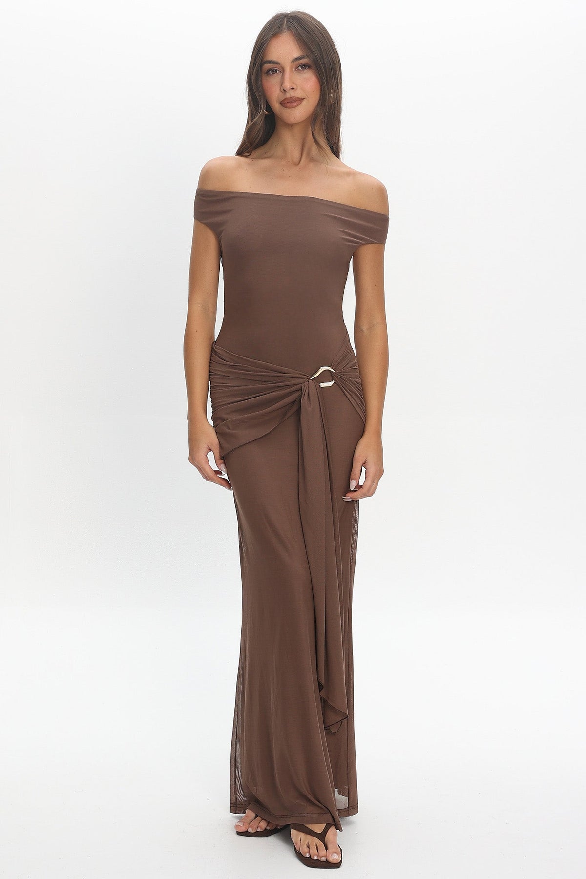 Luli Boat Neck Sash Maxi Dress Cocoa