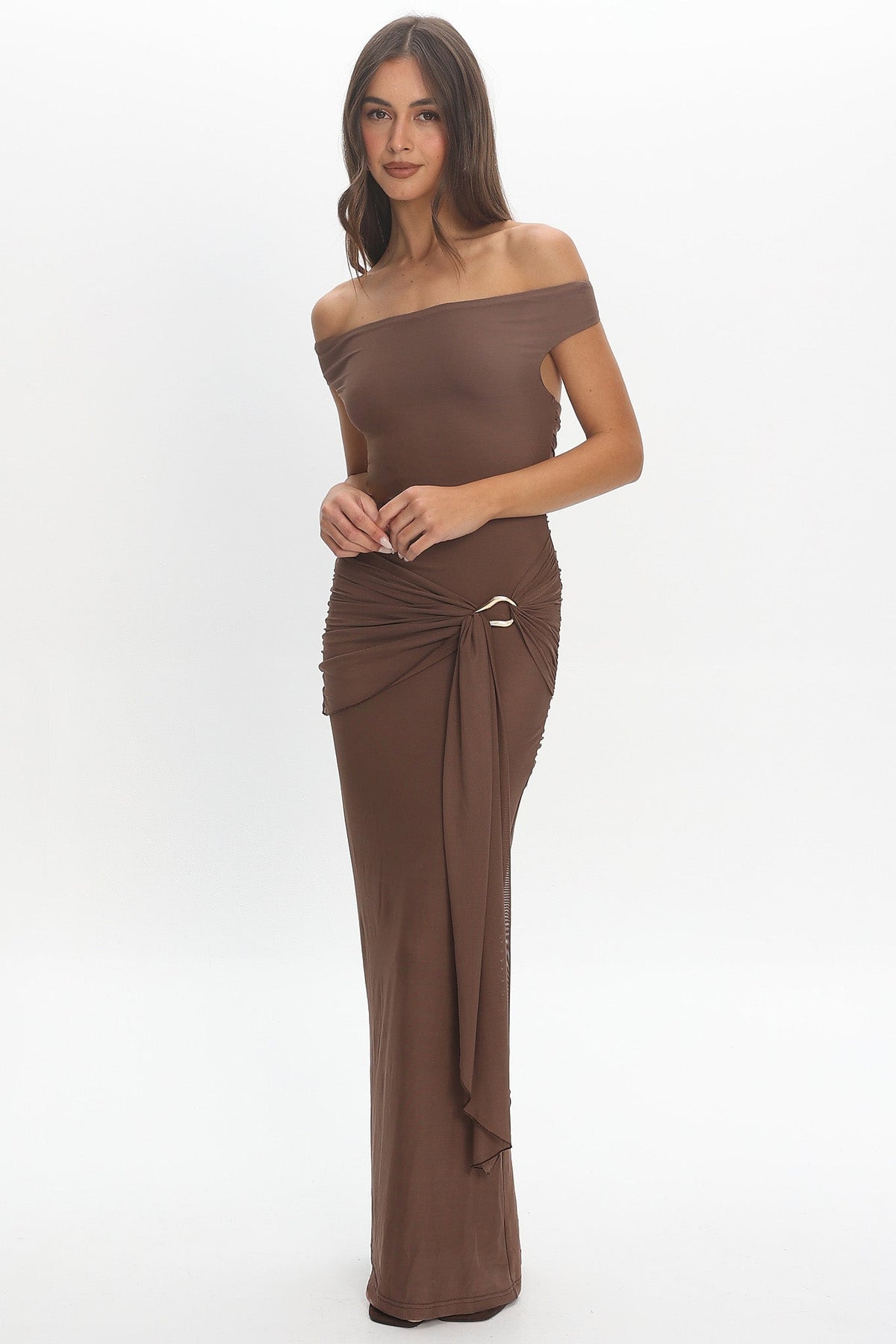 Luli Boat Neck Sash Maxi Dress Cocoa