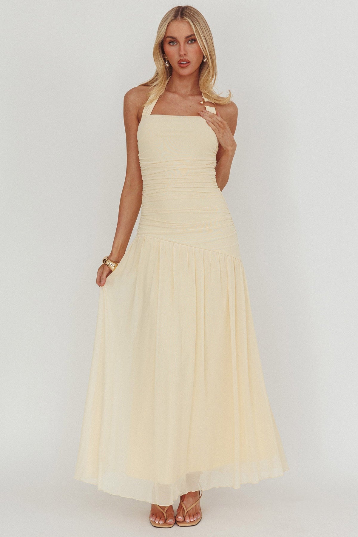 Azure Sun Halterneck Drop Waist Maxi Dress Yellow Main image