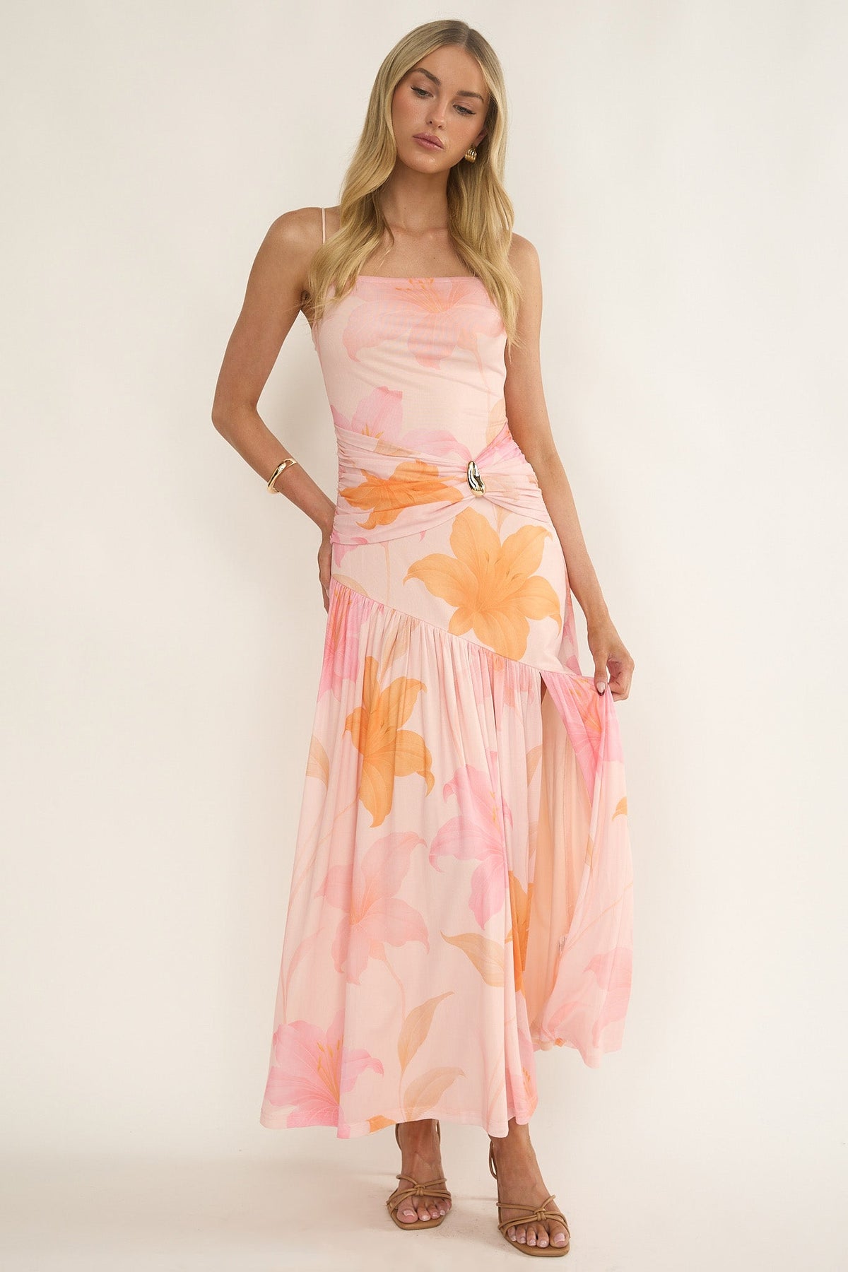 Azure Sun Drop Waist Split Maxi Dress Print Orange Main image