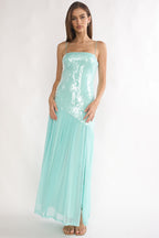 Azure Sun Drop Waist Split Maxi Dress Sequin Aqua