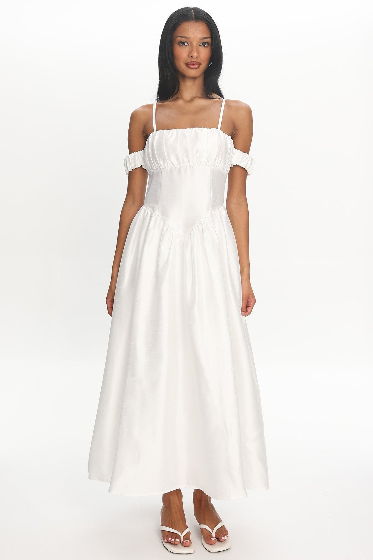 Heavens Above Off-Shoulder Basque Waist Midi Dress Ivory