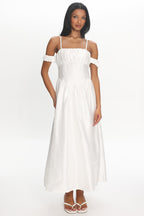 Heavens Above Off-Shoulder Basque Waist Midi Dress Ivory