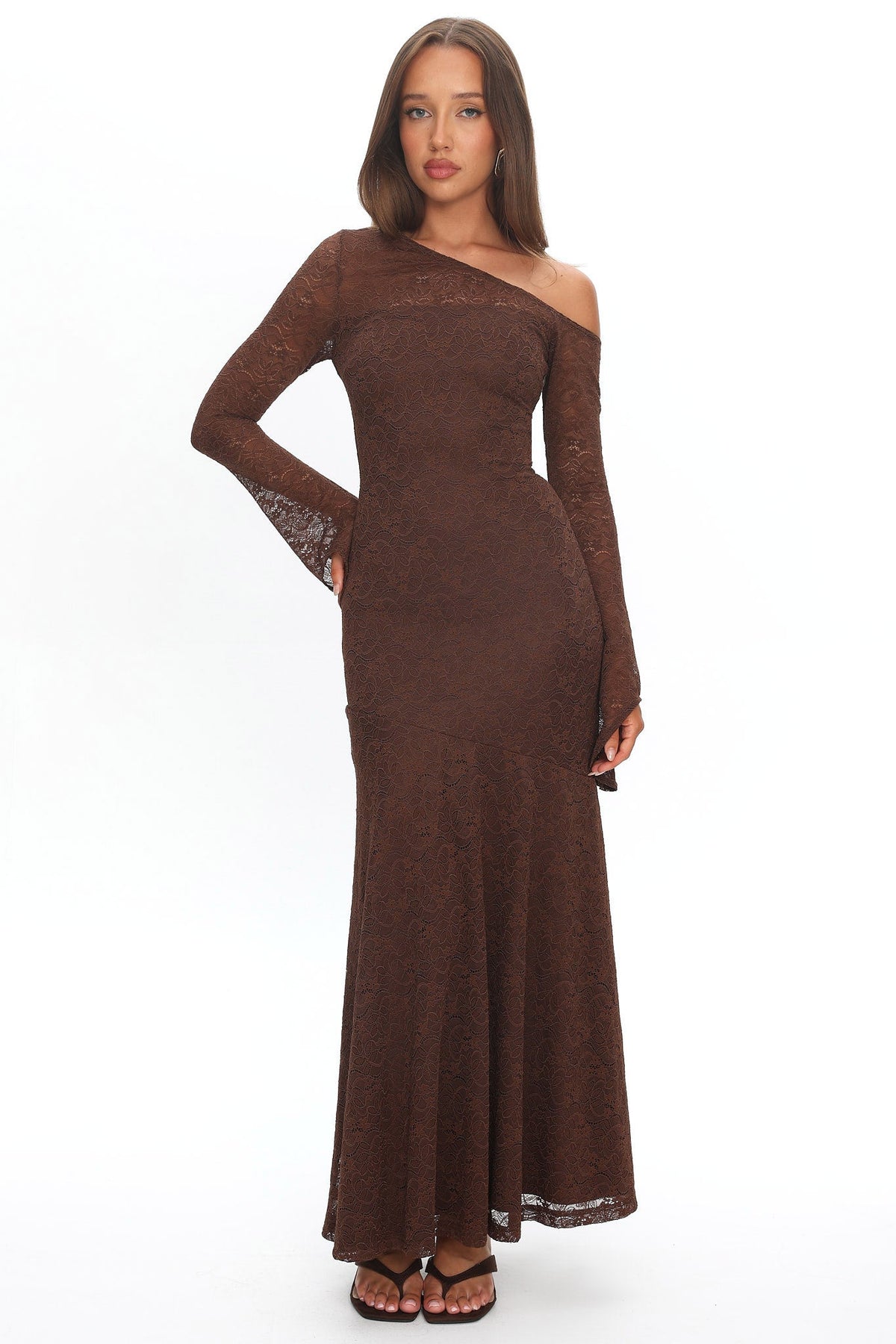 Lylah Asymmetric Neckline Long Sleeve Maxi Dress Lace Chocolate Main image