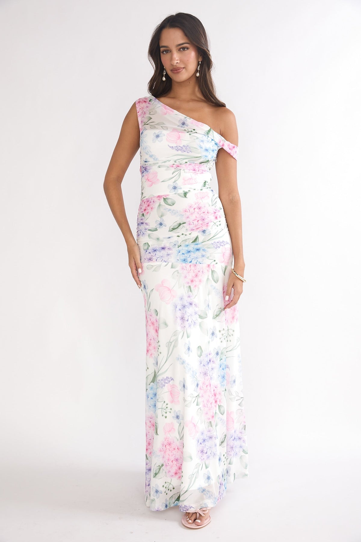 Lylah Asymmetric Neckline Mesh Maxi Dress Floral Blue Main image