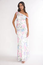 Lylah Asymmetric Neckline Mesh Maxi Dress Floral Blue