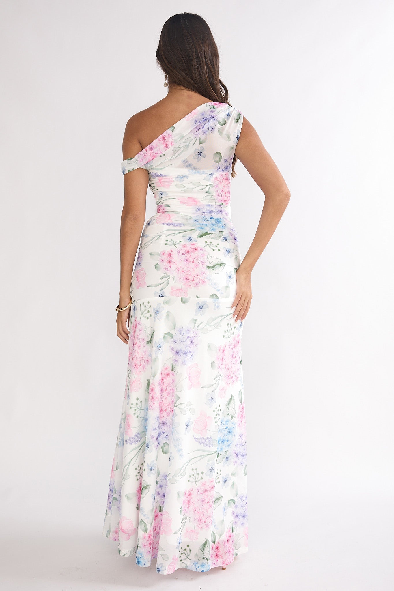 Lylah Asymmetric Neckline Mesh Maxi Dress Floral Blue Secondary image