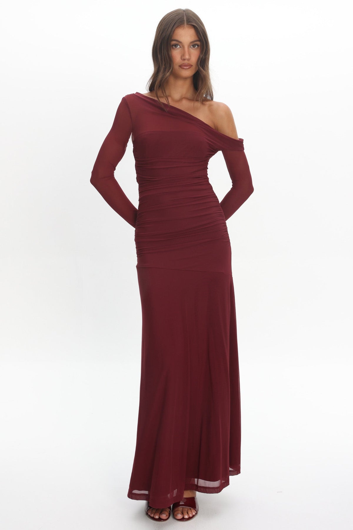 Lylah Asymmetric Neckline Long Sleeve Maxi Dress Mesh Plum Main image