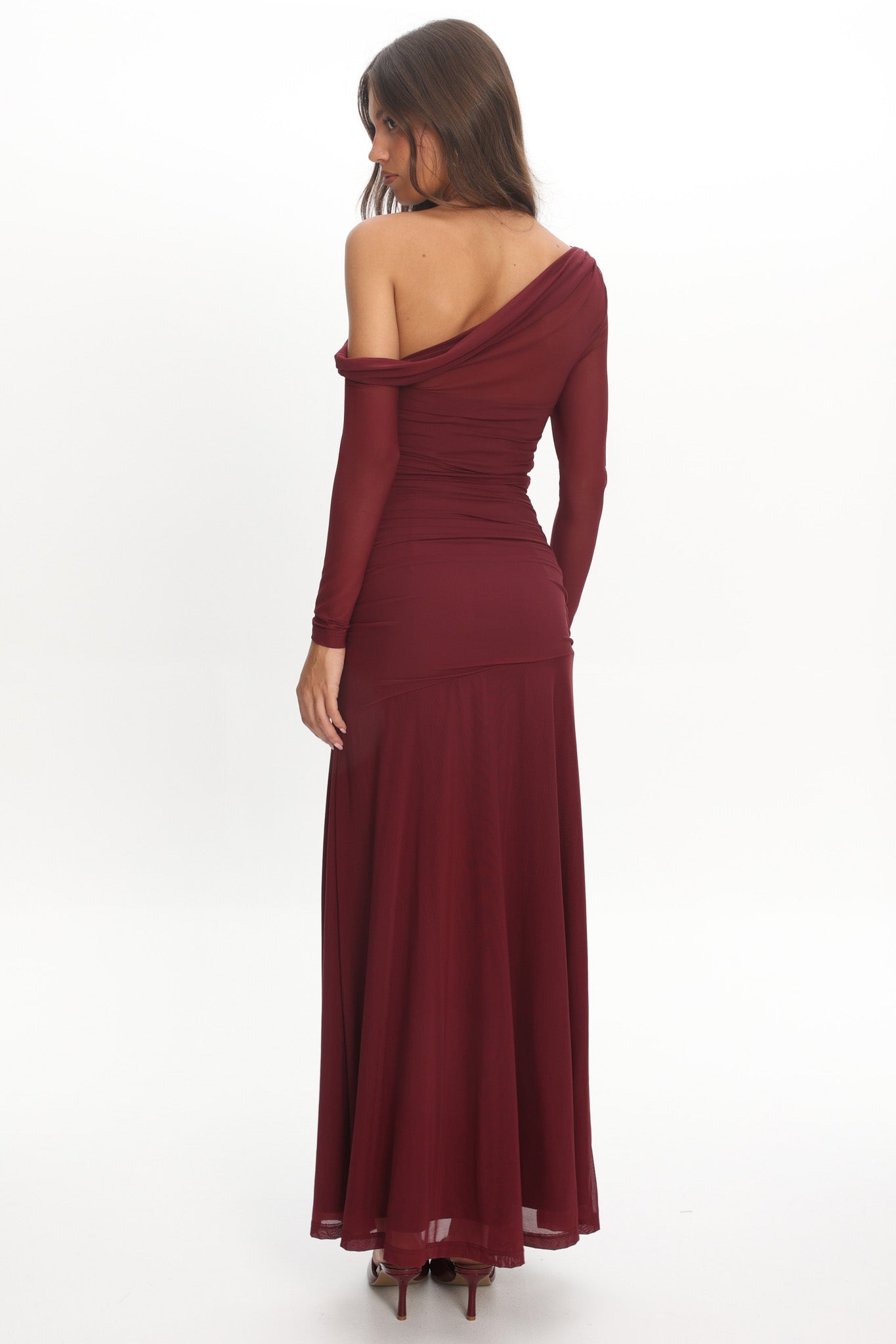 Lylah Asymmetric Neckline Long Sleeve Maxi Dress Mesh Plum Secondary image