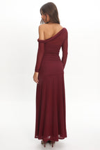 Lylah Asymmetric Neckline Long Sleeve Maxi Dress Mesh Plum