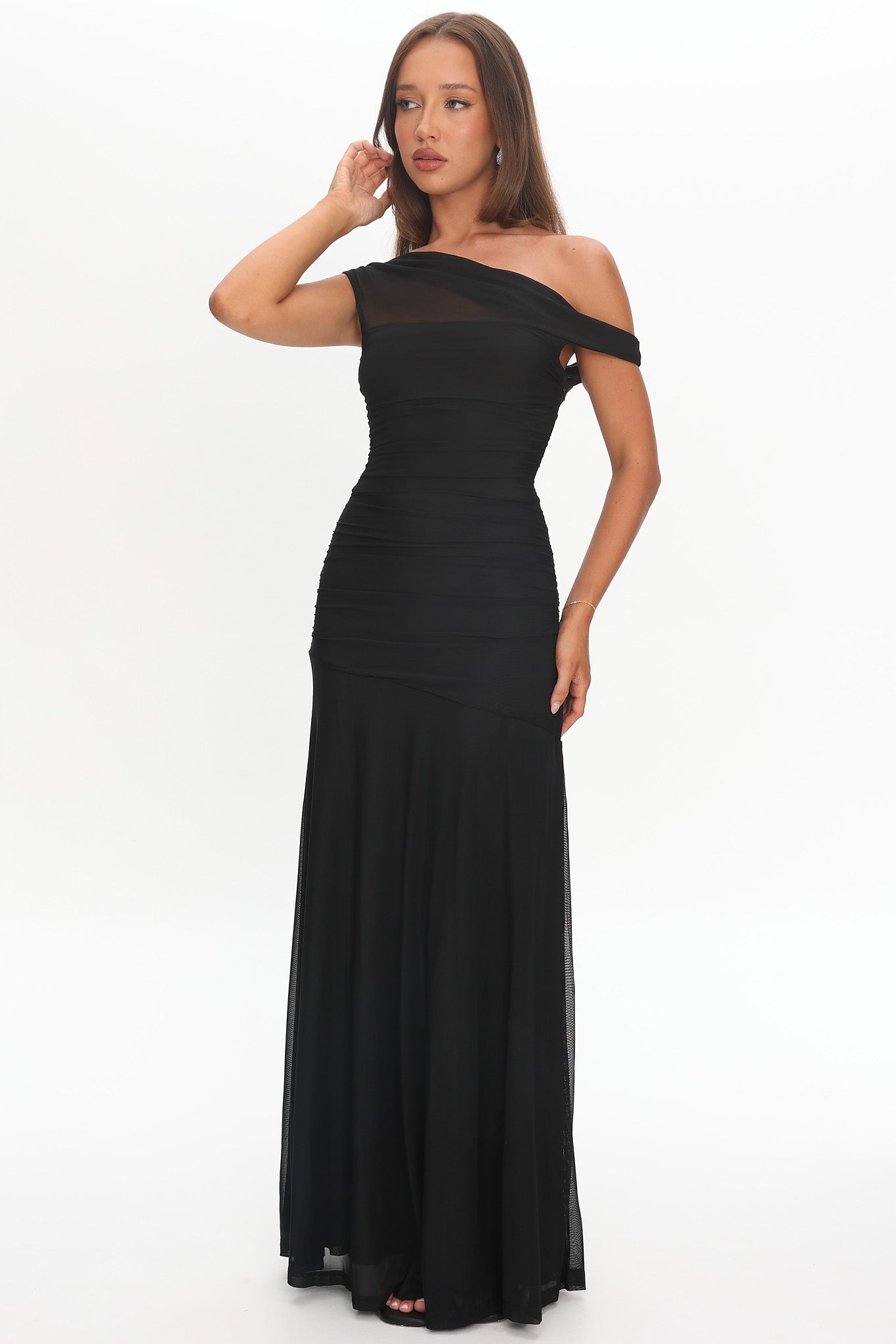 Lylah Asymmetric Neckline Mesh Maxi Dress Black Secondary image