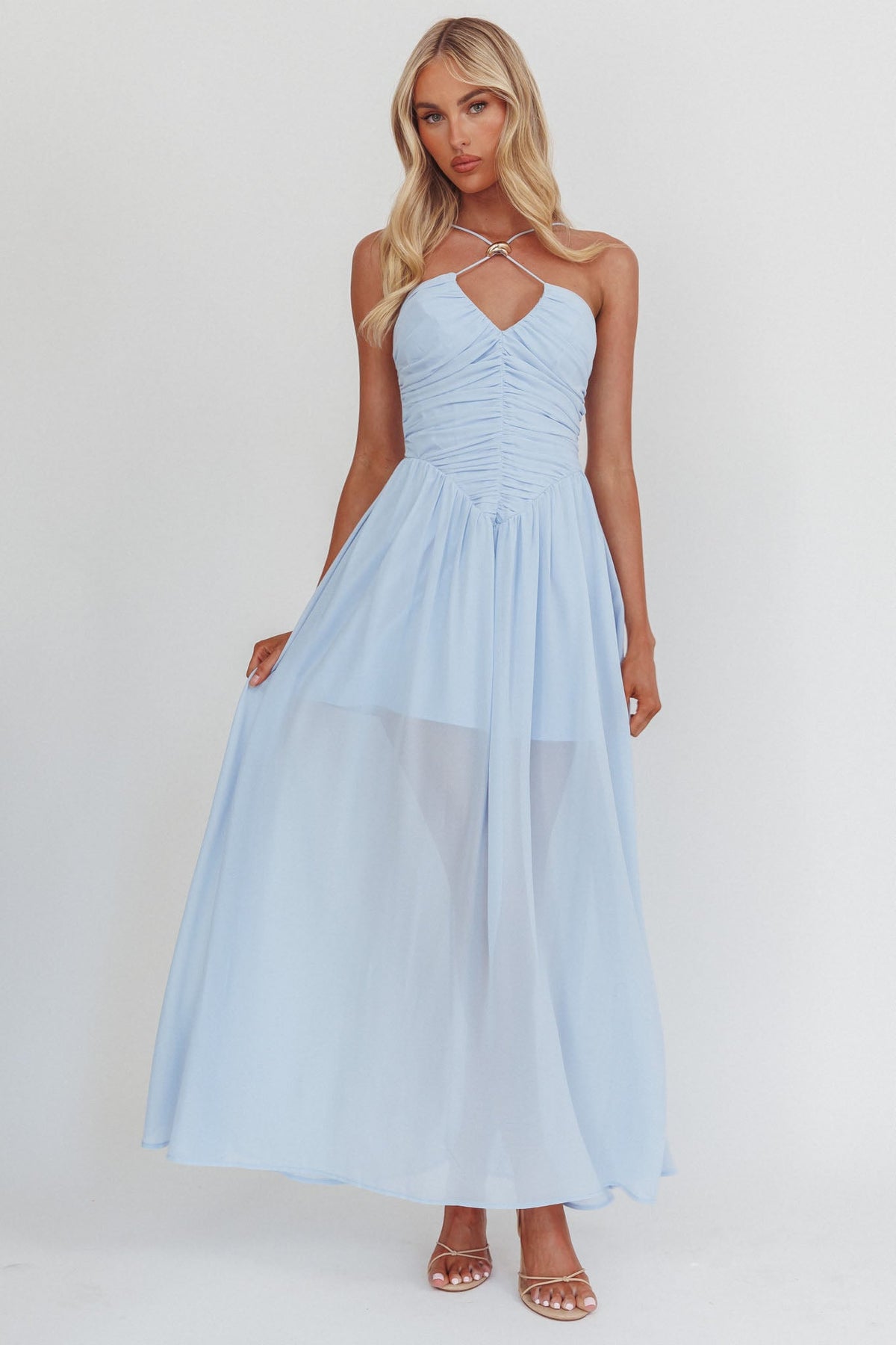 The Dreamers Ruched Basque Waist Maxi Dress Blue Main image