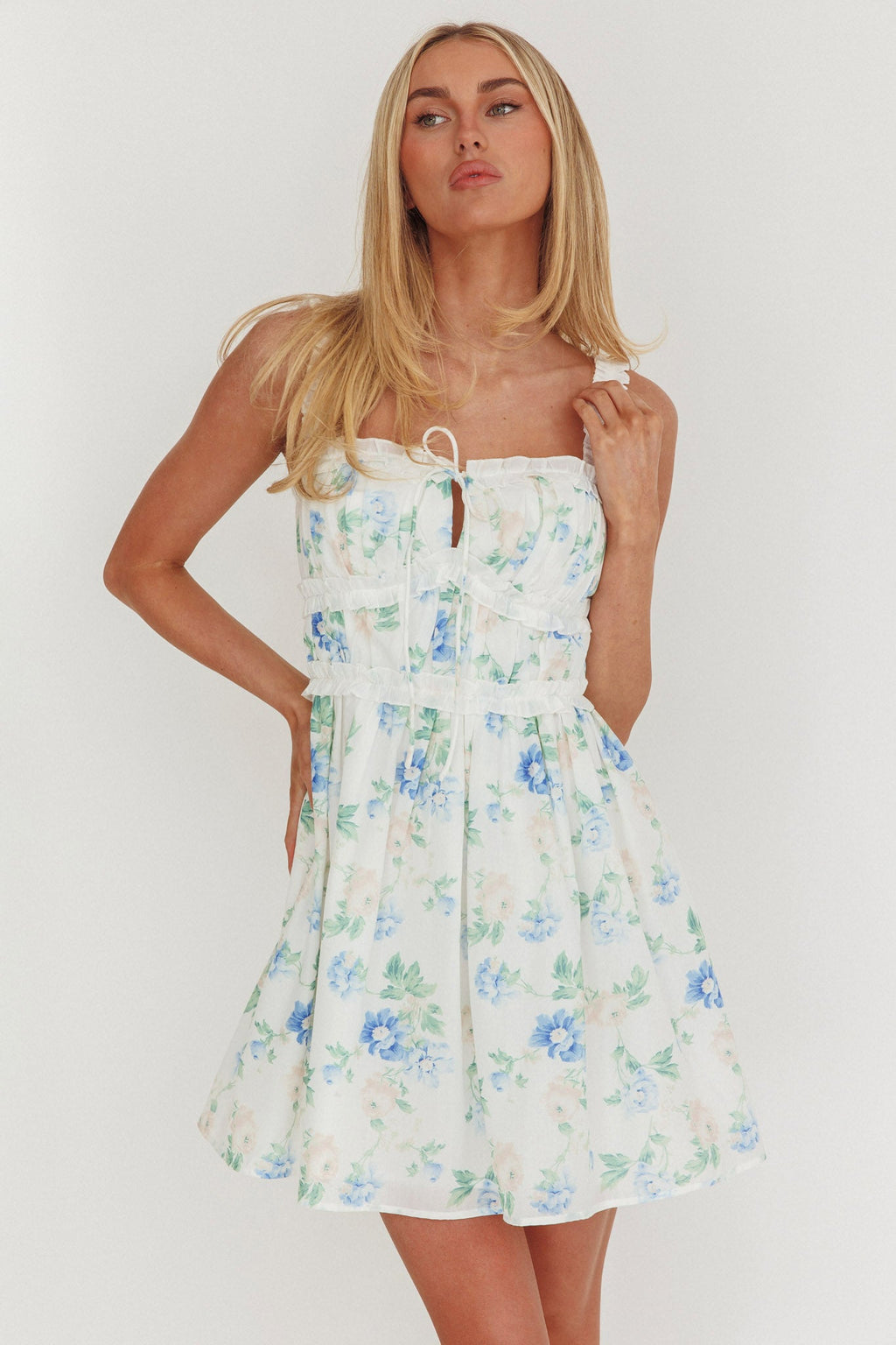 Jordanne Frill Trim Mini Dress Floral Blue