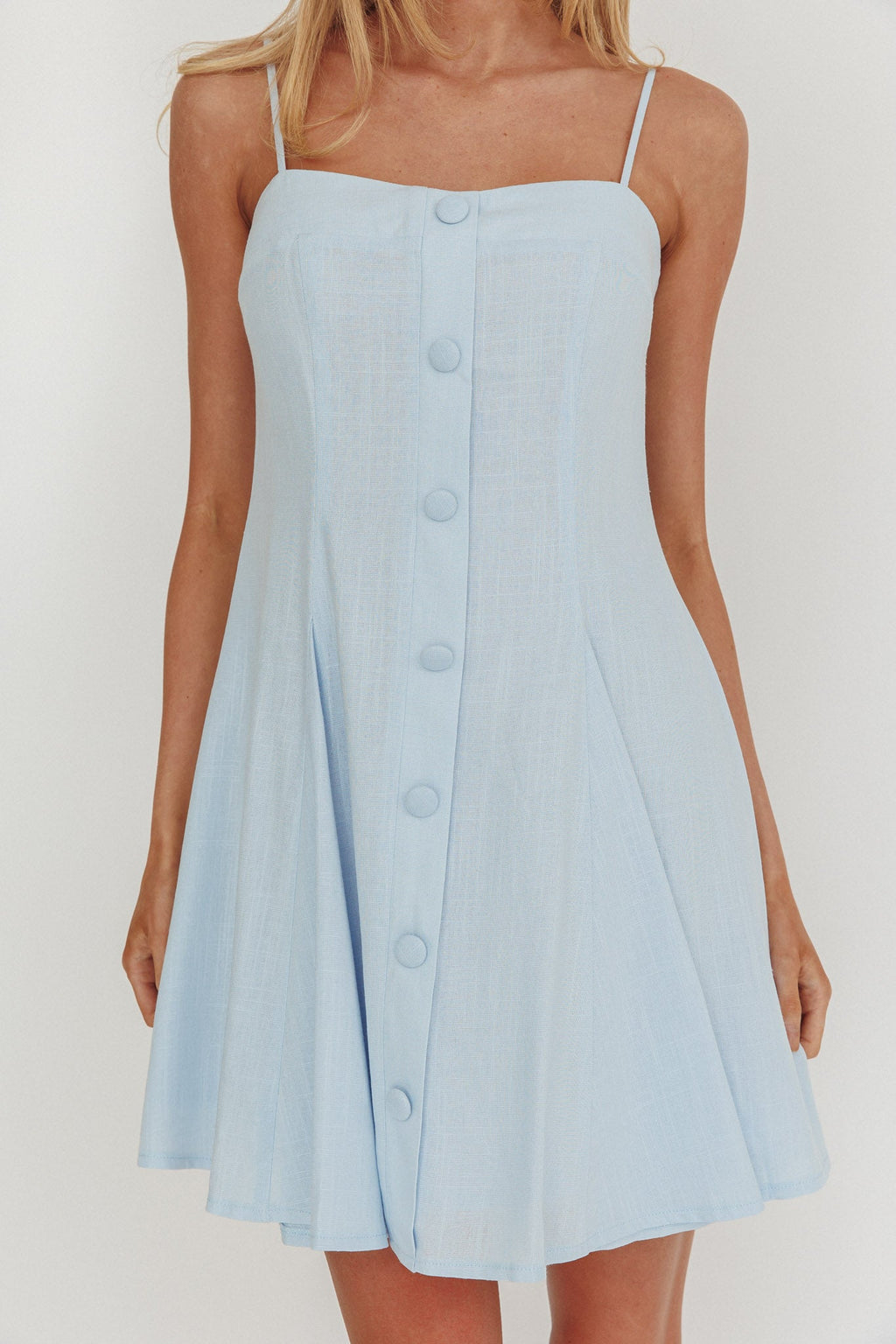 Fianna Button Front Godet Mini Dress Light Blue