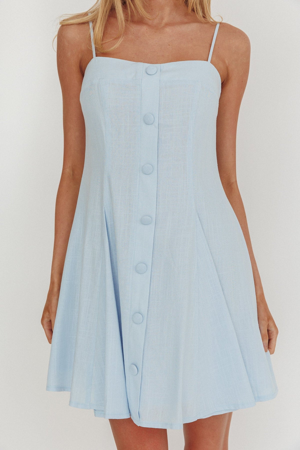 Fianna Button Front Godet Mini Dress Light Blue