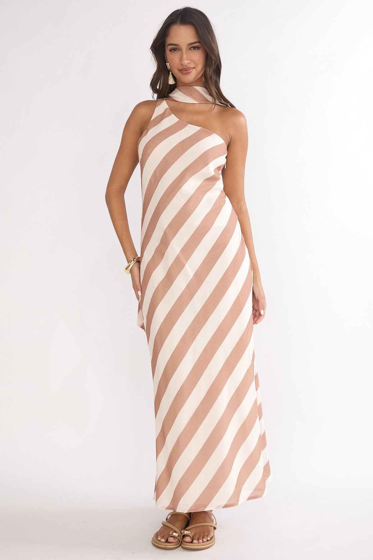 Mirona One Shoulder Scarf Maxi Dress Stripe Camel
