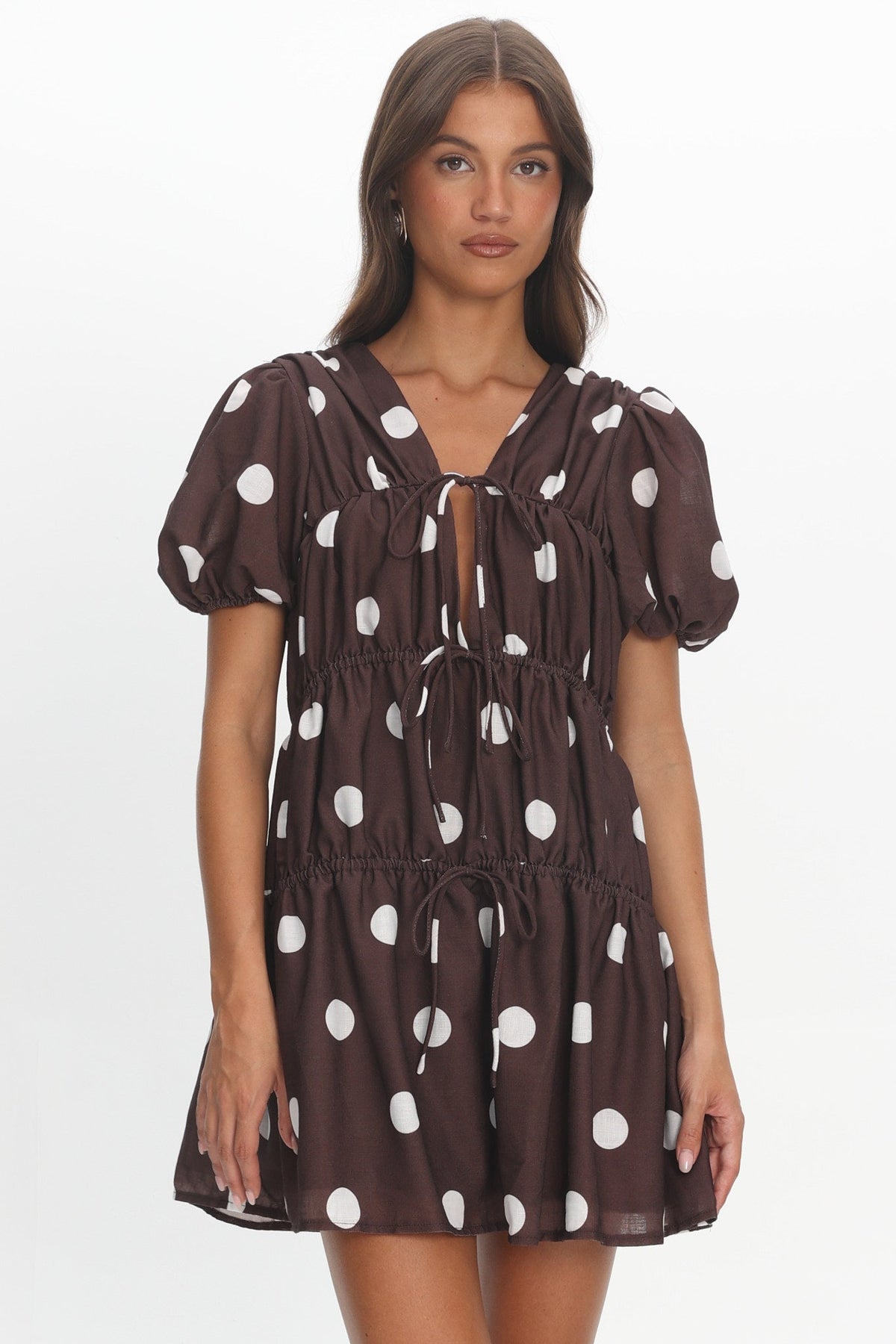 Antibes Tie Front Puff Sleeve Mini Dress Chocolate/White Main image