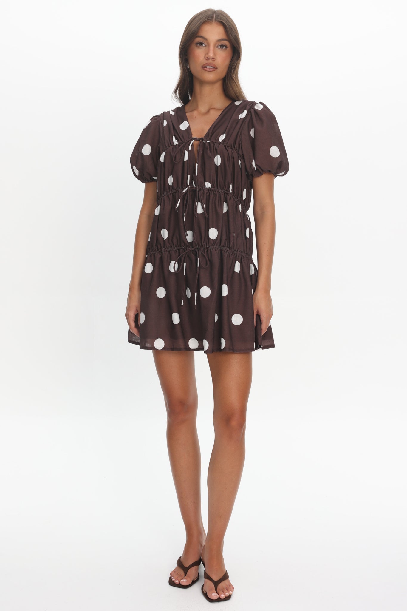 Antibes Tie Front Puff Sleeve Mini Dress Chocolate/White Secondary image