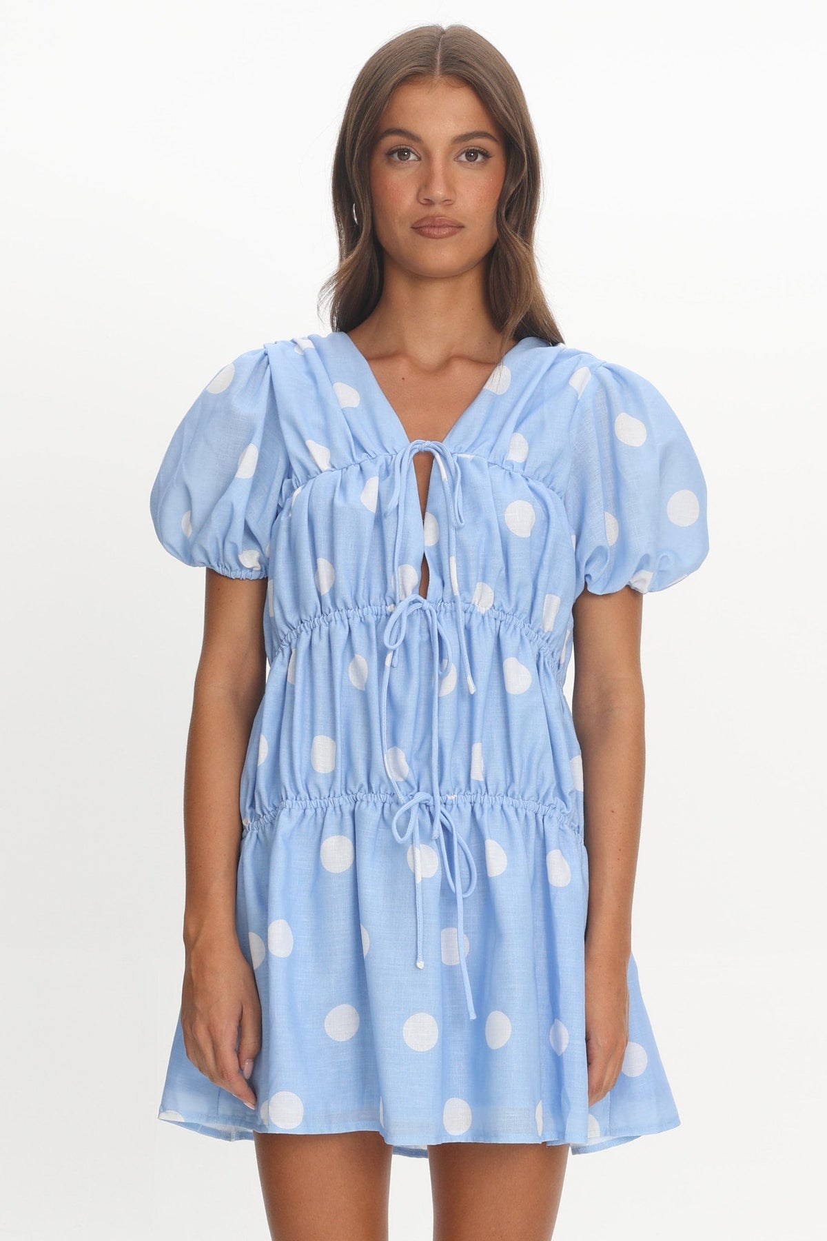 Antibes Tie Front Puff Sleeve Mini Dress Light Blue