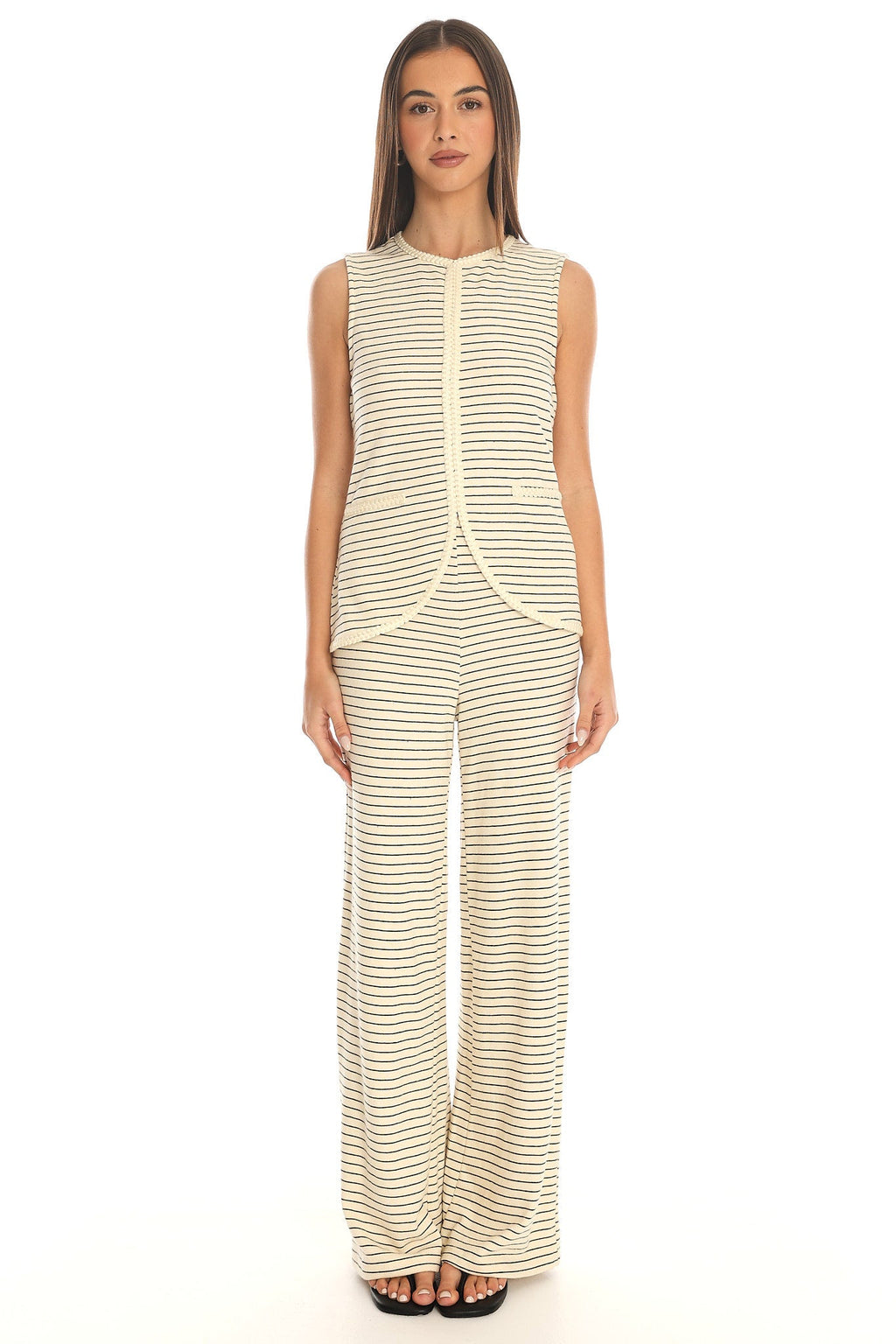 Hallina Braid-Trim Striped Wide Leg Trousers Beige