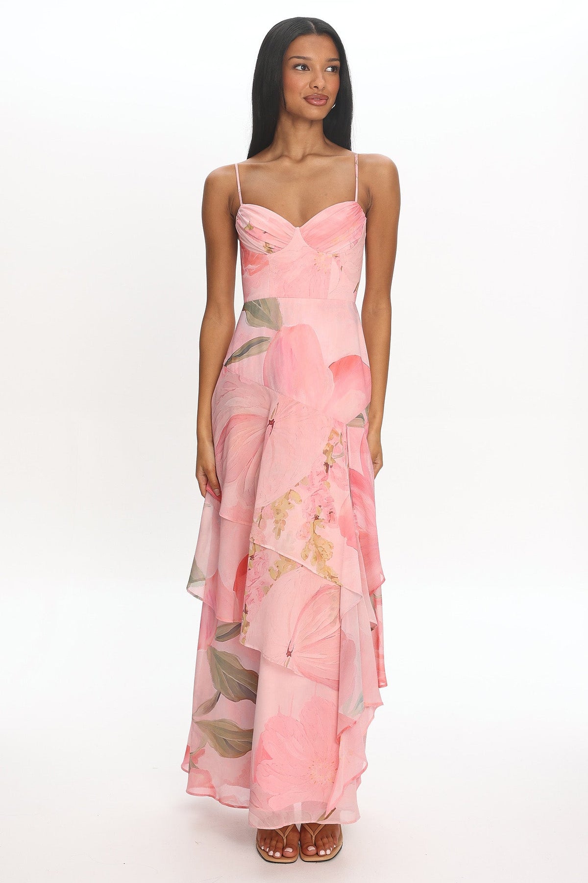 Botanical Bloom Tiered Maxi Dress Pink