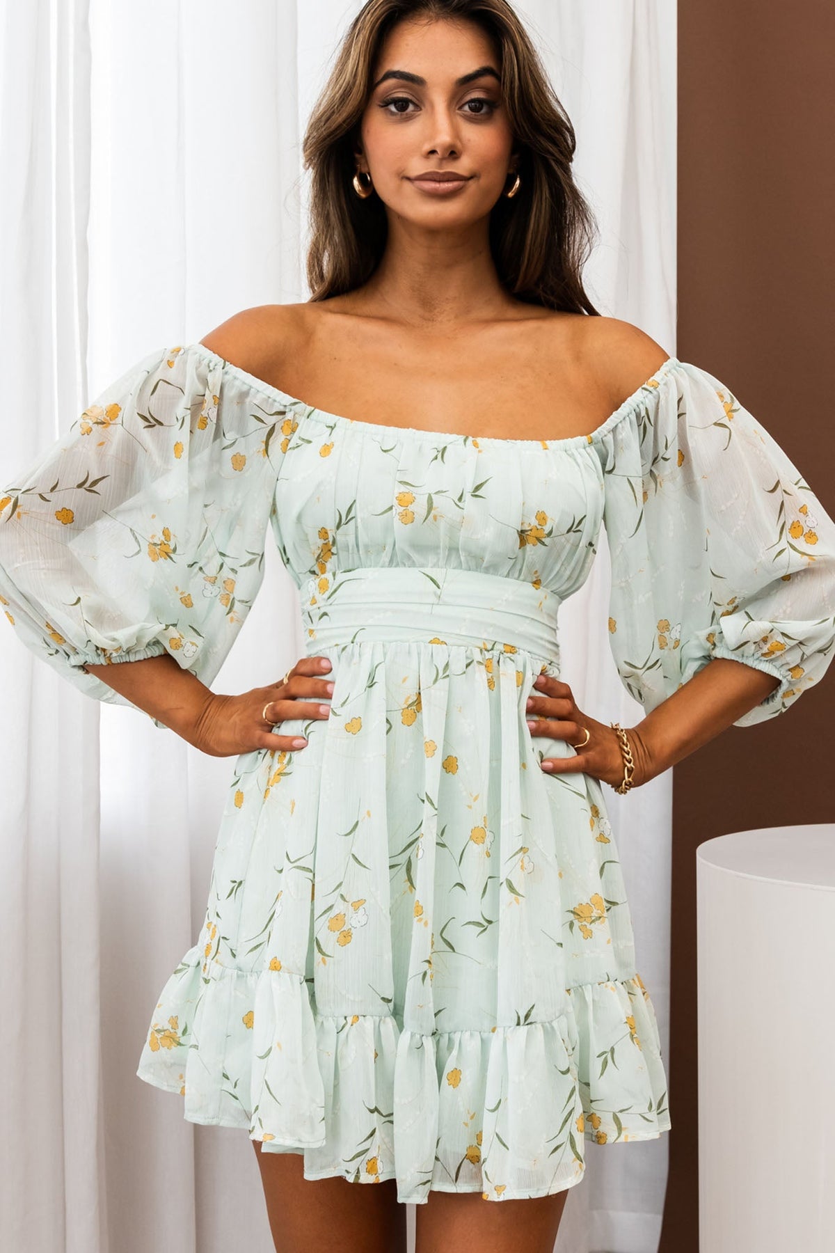 Abby Off-Shoulder Tie-Up Back Dress Floral Print Mint Main image