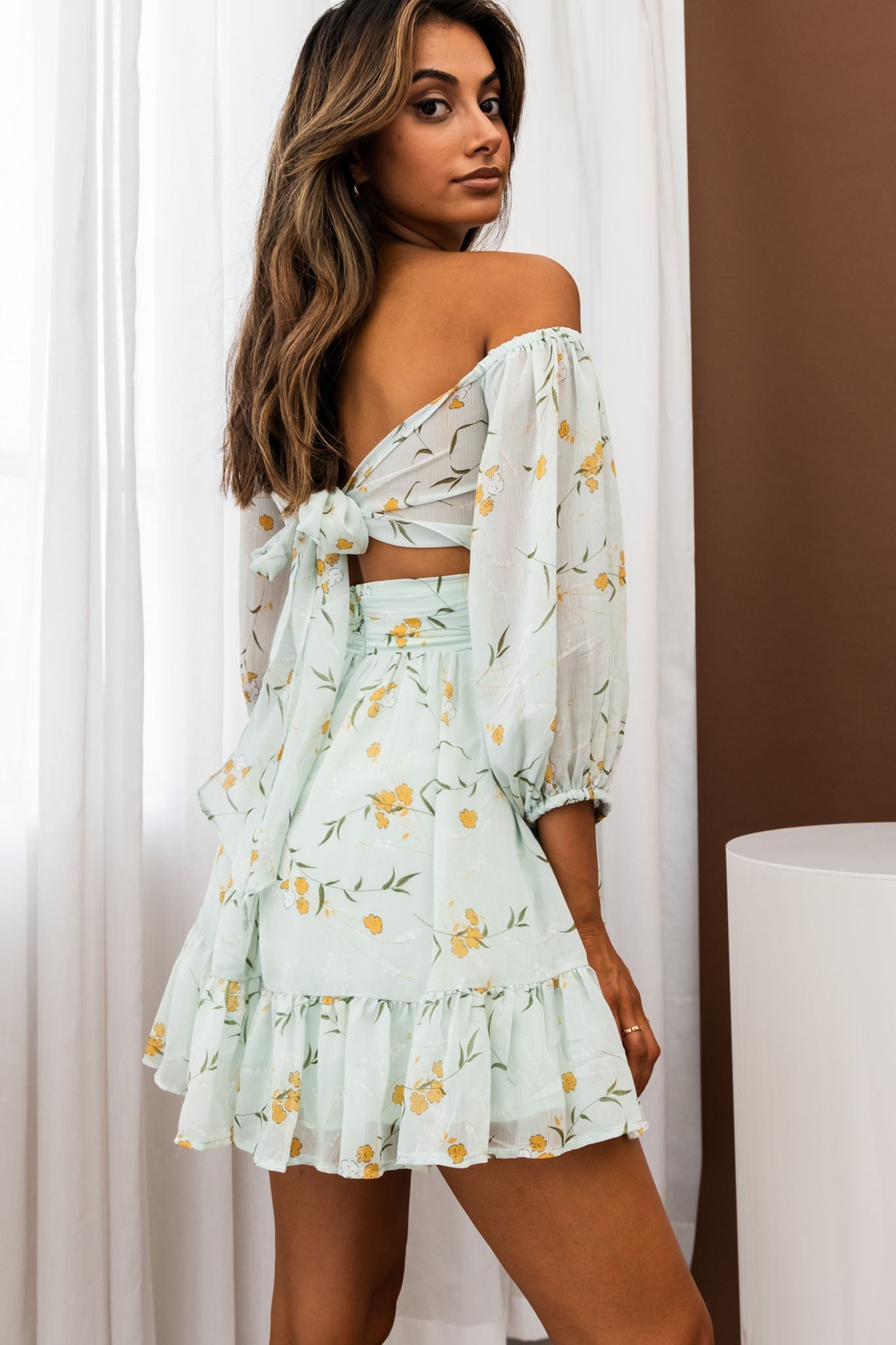 Abby Off-Shoulder Tie-Up Back Dress Floral Print Mint Secondary image