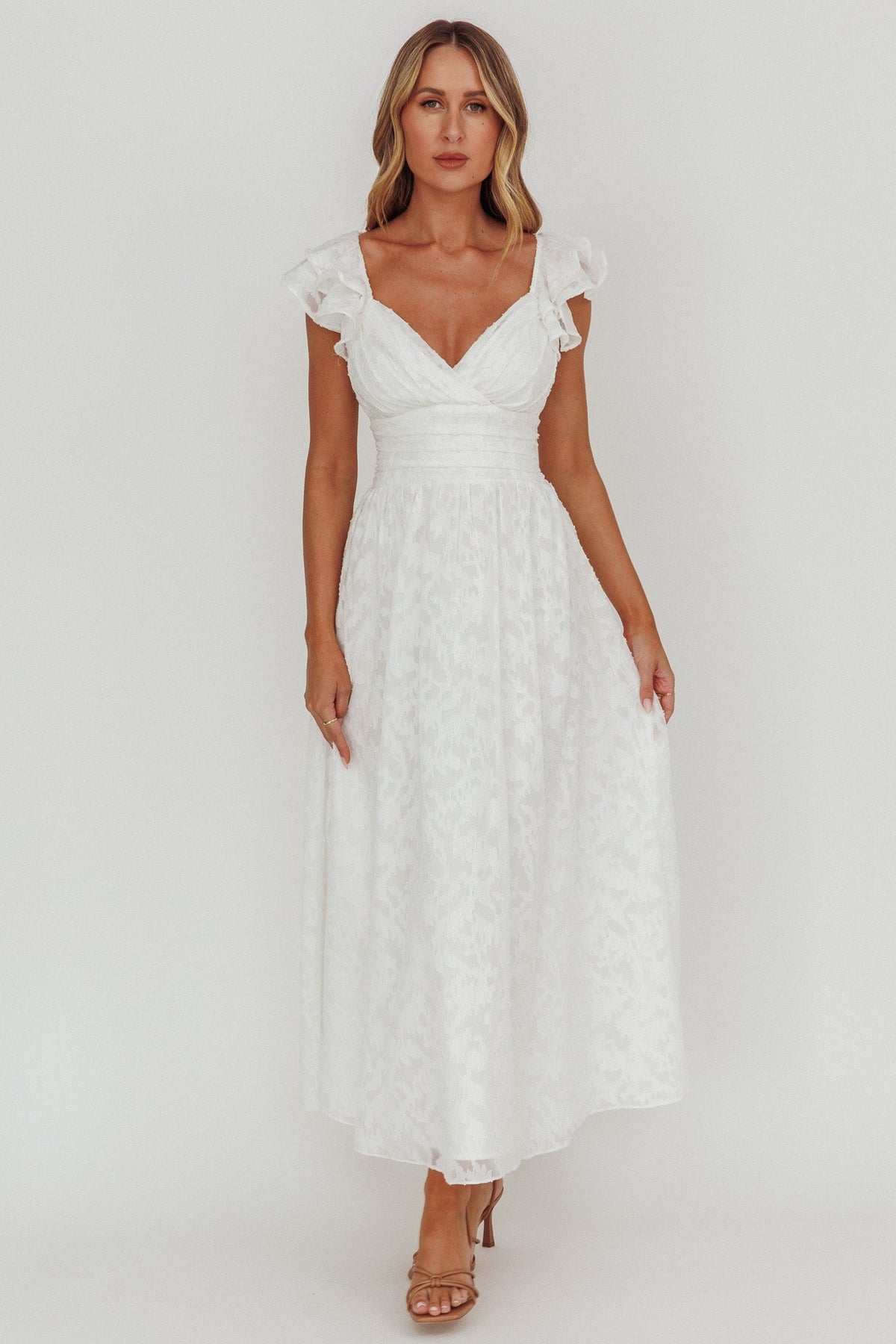 Lola Ruffle Shoulder Maxi Dress Textured White