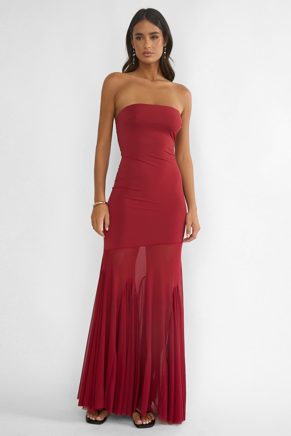Velvet Rope Strapless Mesh Maxi Dress Wine Main image