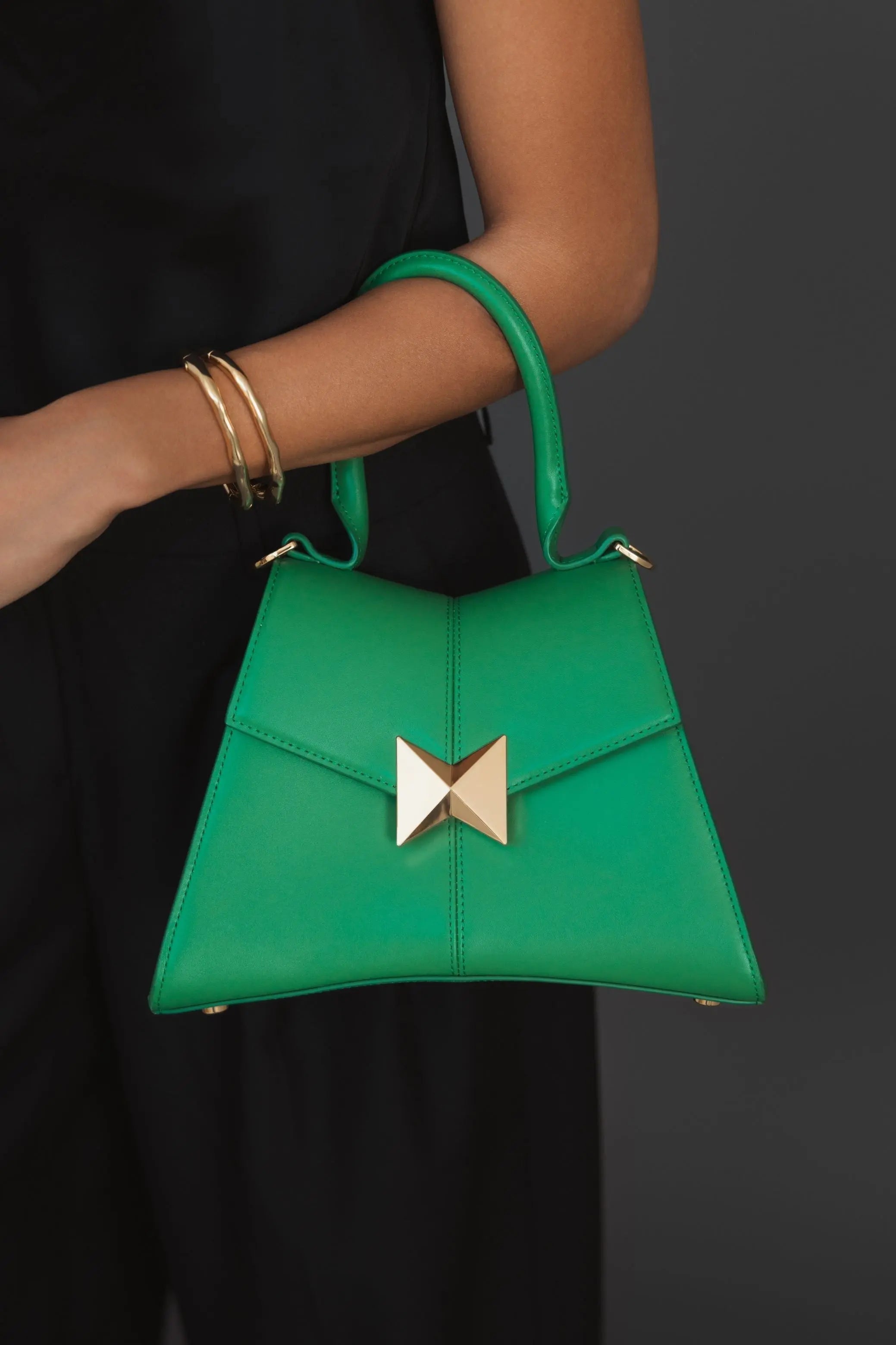 Green Small Structured Leather Top Handle Bag