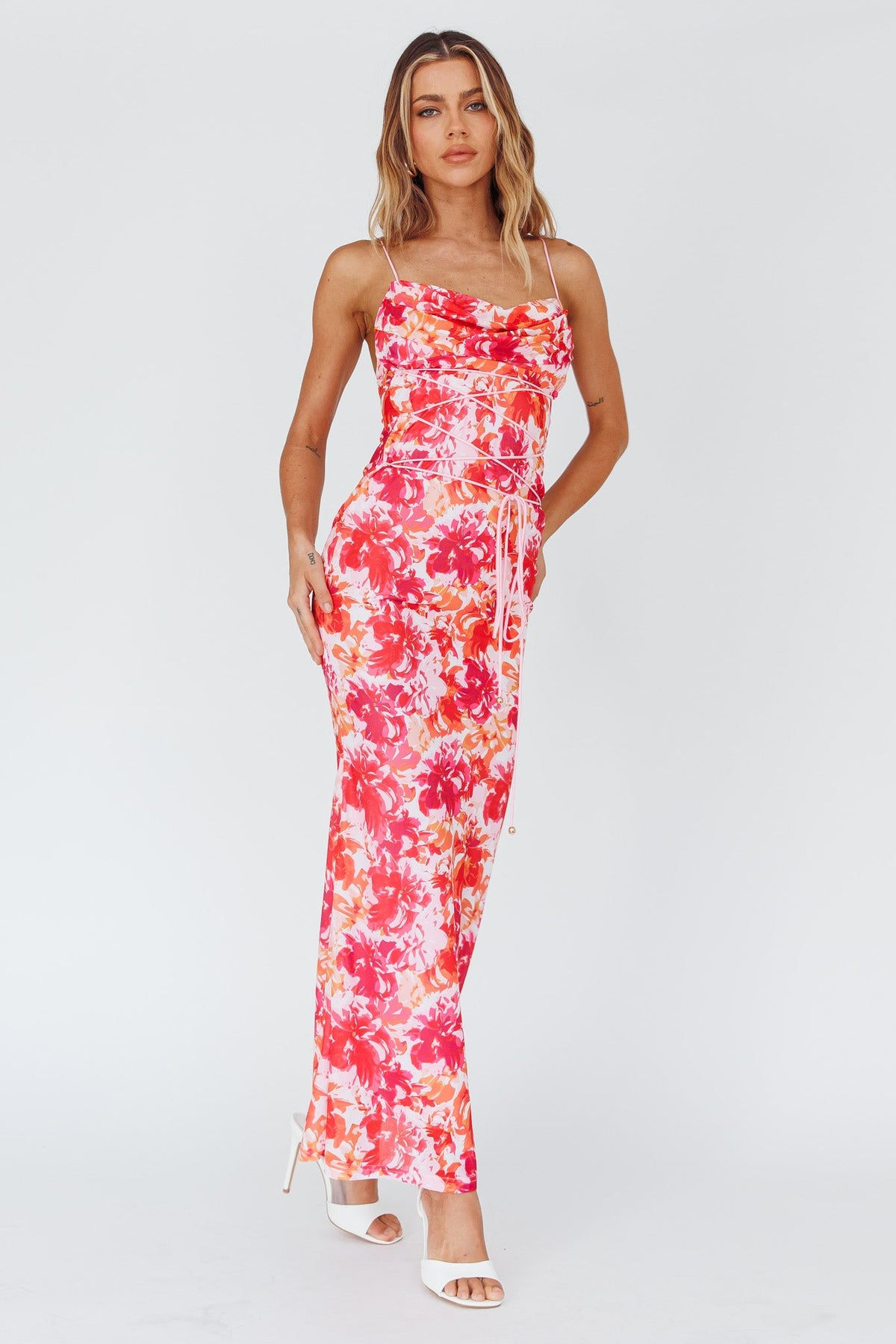 Teava Laced Waist Midi Dress Floral Red Main image