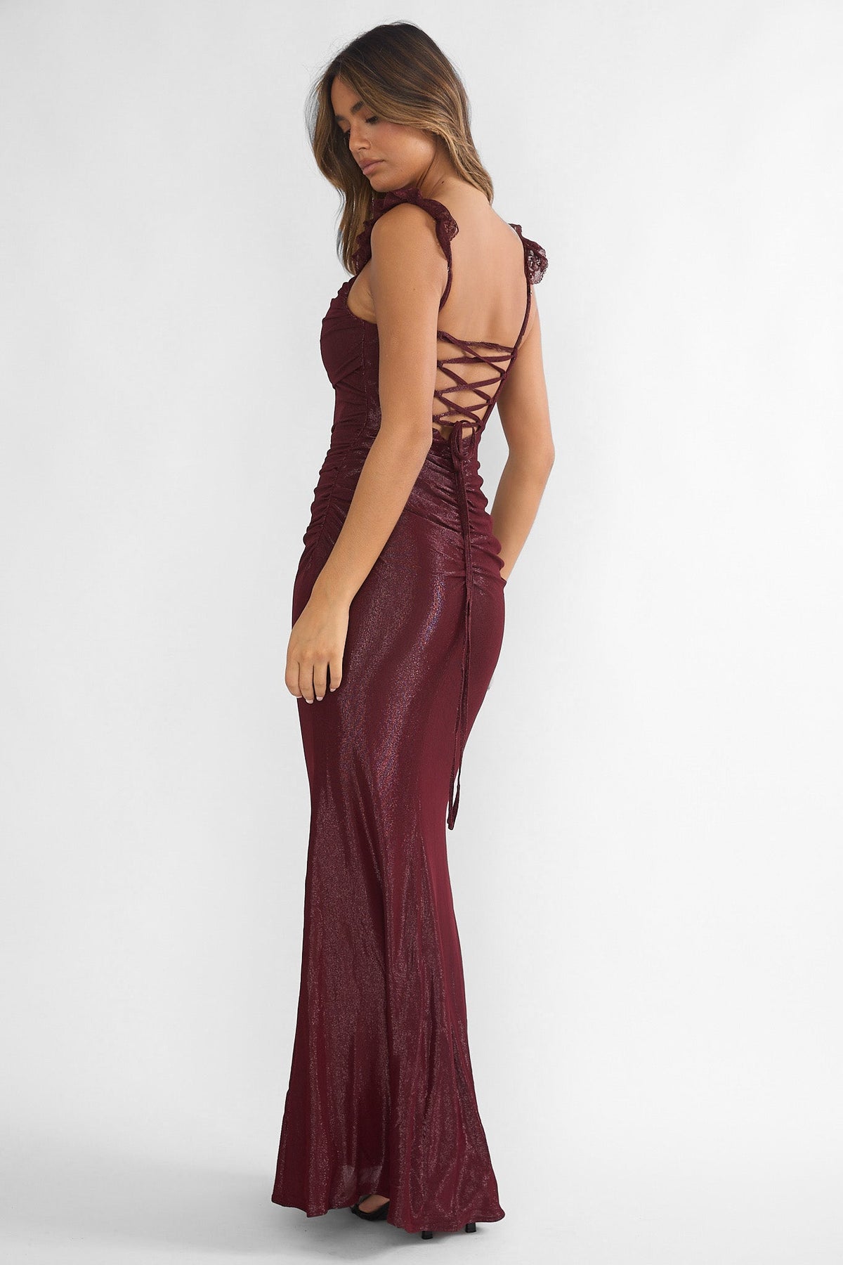 Valara Lace-Up Back Maxi Dress Wine Main image