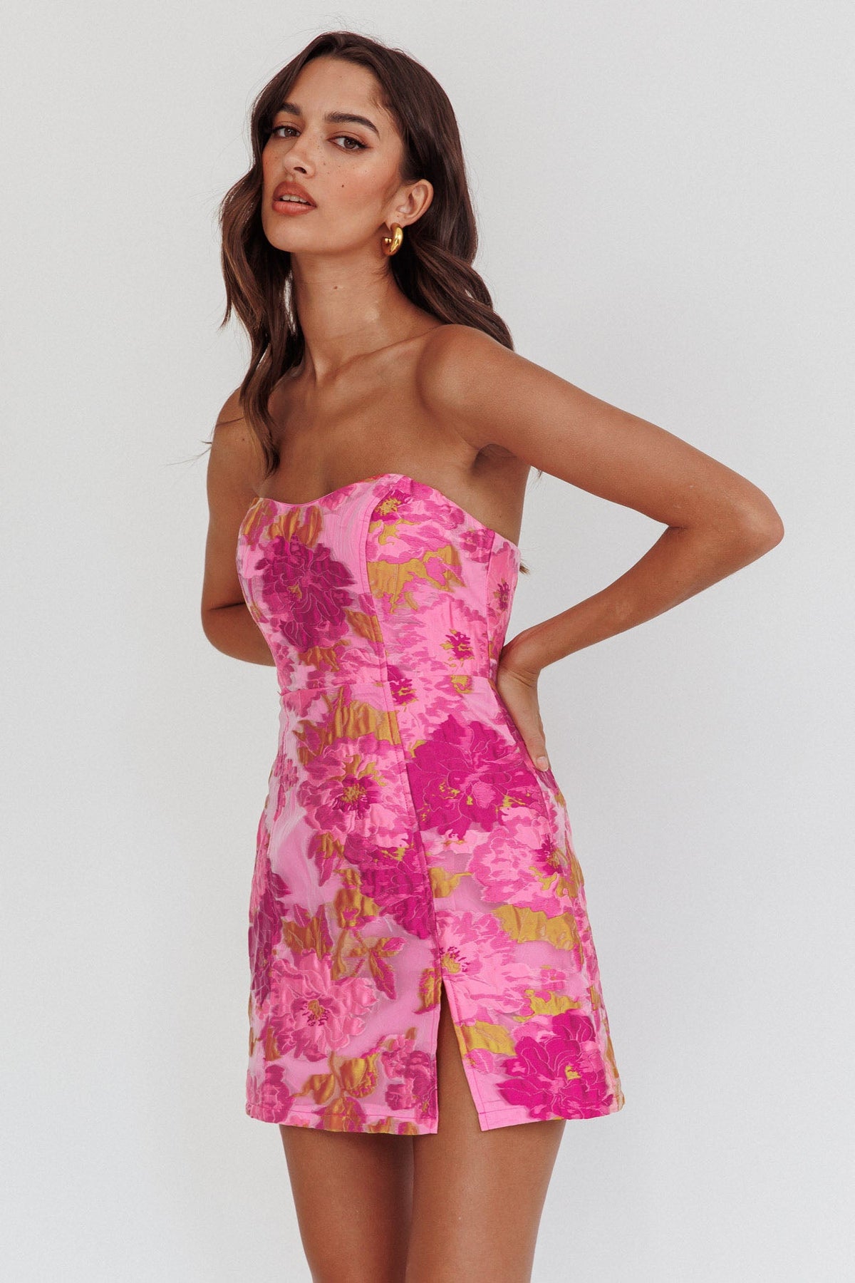 Marlina Strapless Jacquard Mini Dress Pink Main image