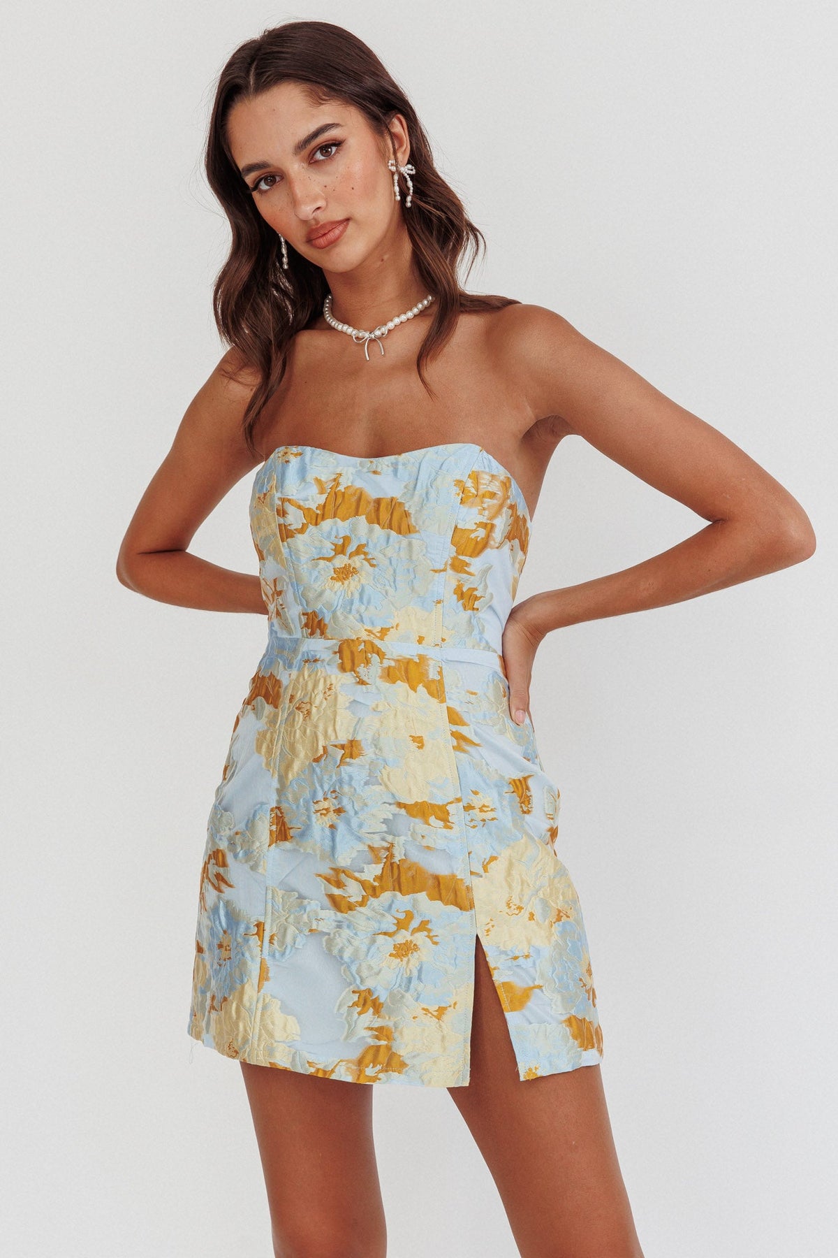 Marlina Strapless Jacquard Mini Dress Blue Main image