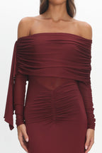 Marlowe Off-Shoulder Sheer Waist Maxi Dress Wine