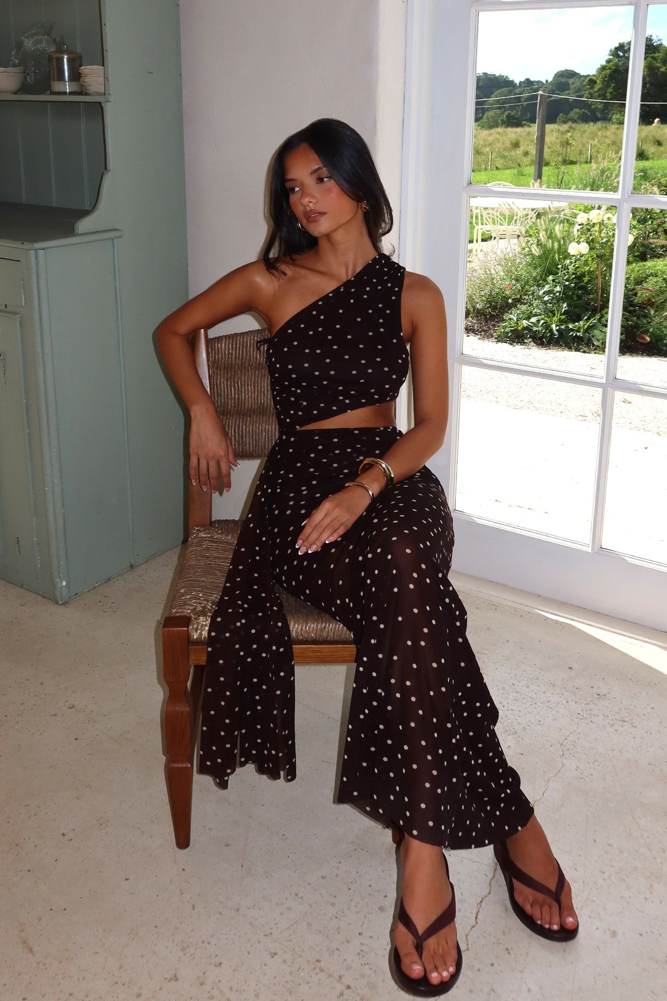 Viela One-Shoulder Cut-Out Maxi Dress Polka Dot Brown Secondary image
