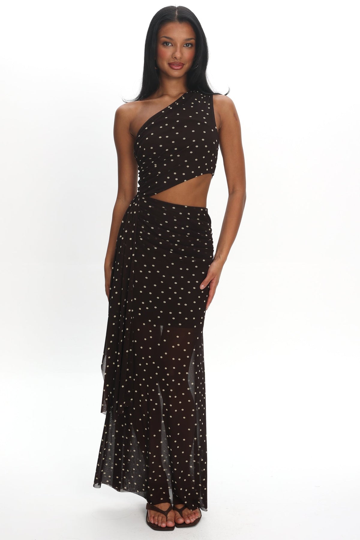 Viela One-Shoulder Cut-Out Maxi Dress Polka Dot Brown Main image