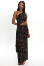 Viela One-Shoulder Cut-Out Maxi Dress Polka Dot Brown